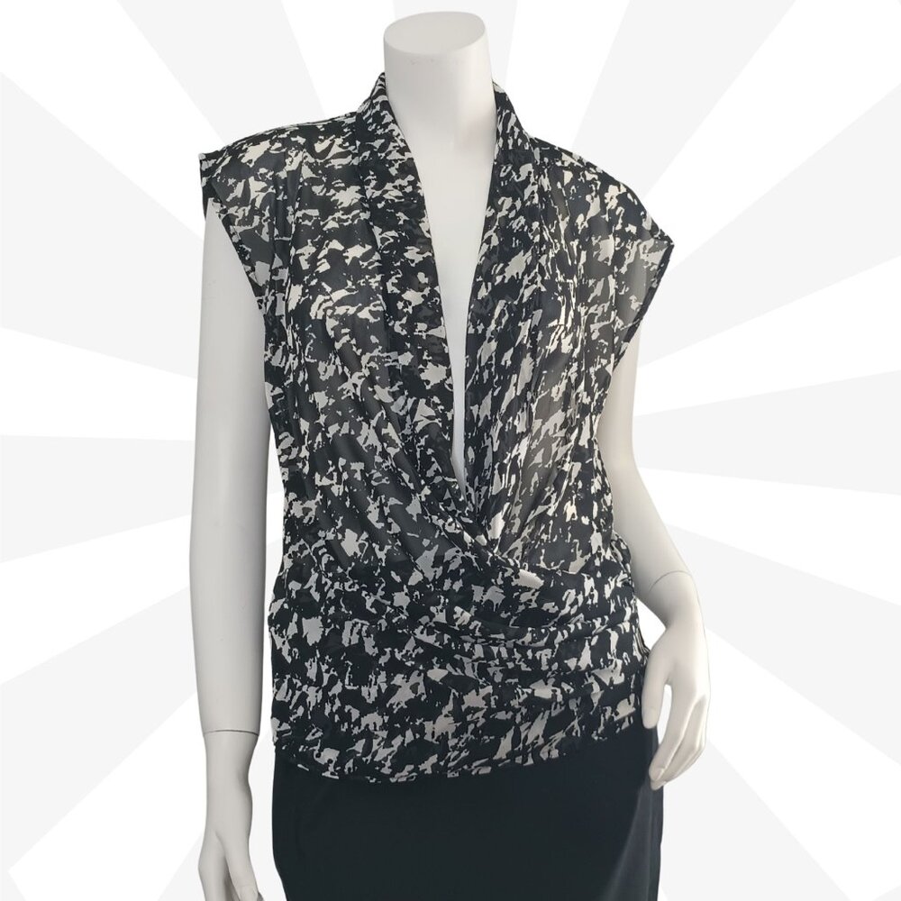 H&M Black Blouse Size S V Neck Short Sleeve Polyester Wrap Gathered Sheer